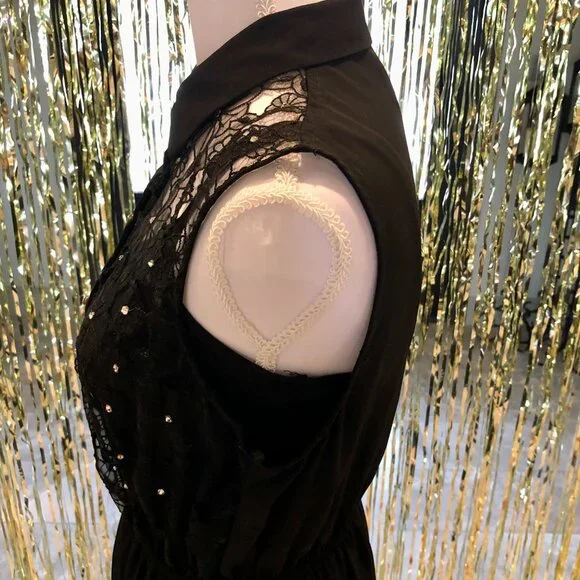 Black Dress Rhinestone Embellishment Embroidered Lace Size M Forever 21 Evening - Picture 10 of 16